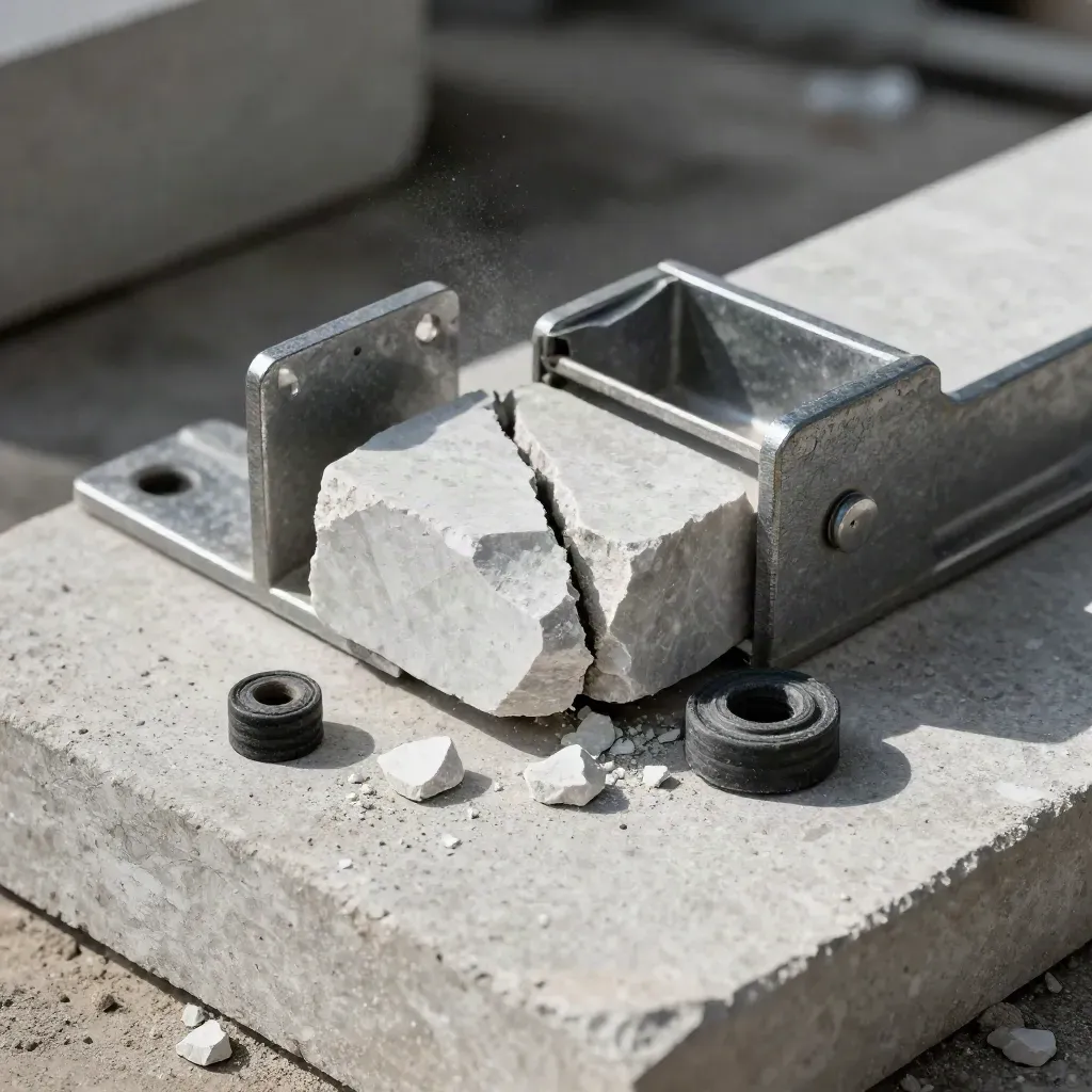 Spräckt kalkstenkärna med stålbeslag och betongdamm på ljus stenplatta