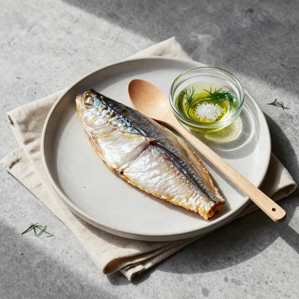 Rökt fiskfilé på keramiskt fat med linne, träslev och glasig skål i mjukt ljus.