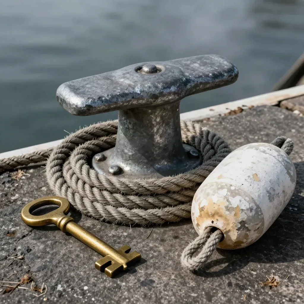 Mooring cleat, rep, brassnyckel och sliten bojbit på mörk sten i dramatiskt ljus