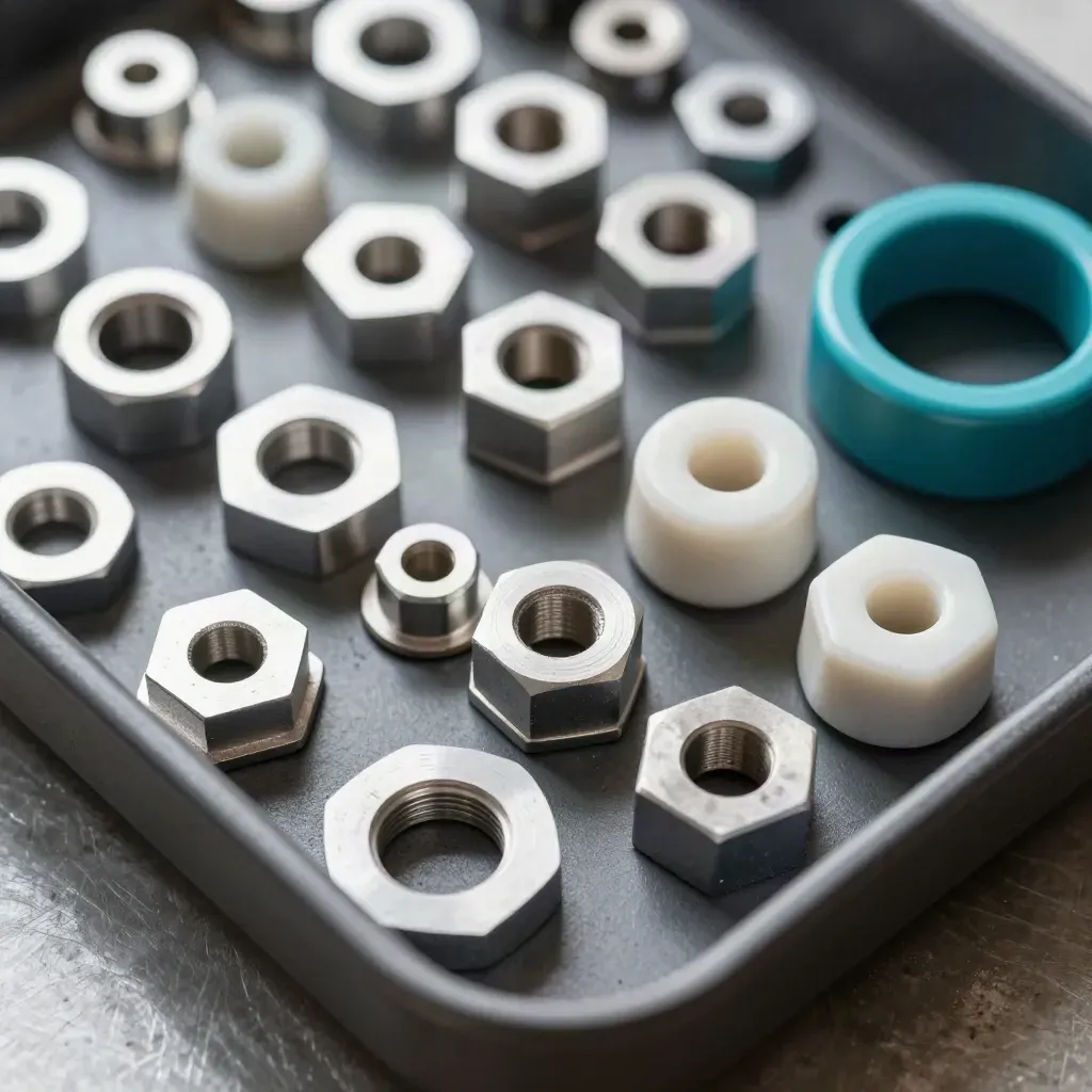 Makro av aluminiumdistans, hexstandoffs och keramisk isolator på grafitbricka.