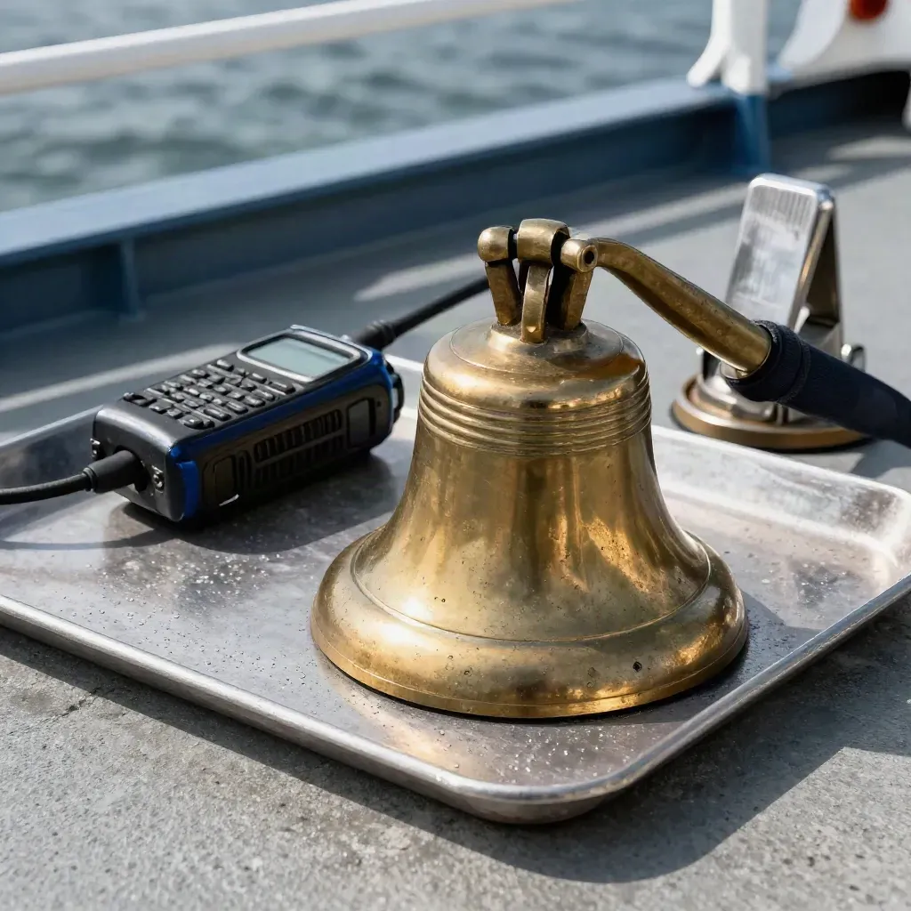 Bronsklocka, radiohandenhet och signalclip på saltstänkt däck med dramatisk ljussättning.