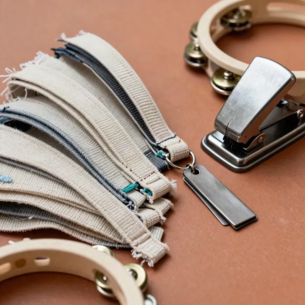 Armband, biljettstans och liten tamburin på en neutral yta i varmt ljus