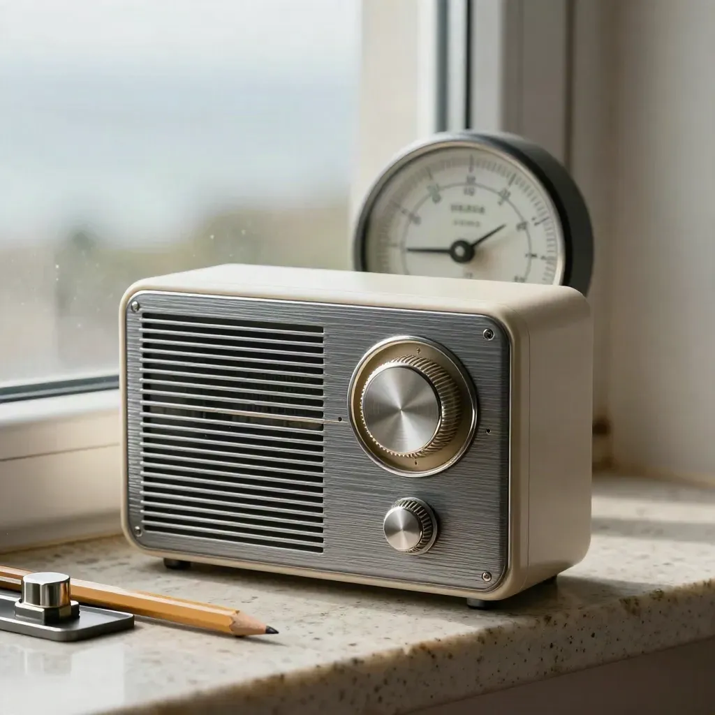 Närbild av en bärbar radio, barometer och metallbricka i mjukt dagsljus.