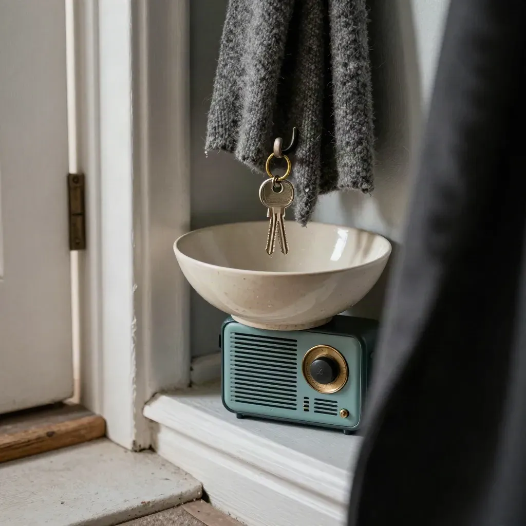 Nycklar i skål vid hallen, halsduk och väderradio i mjukt dagsljus