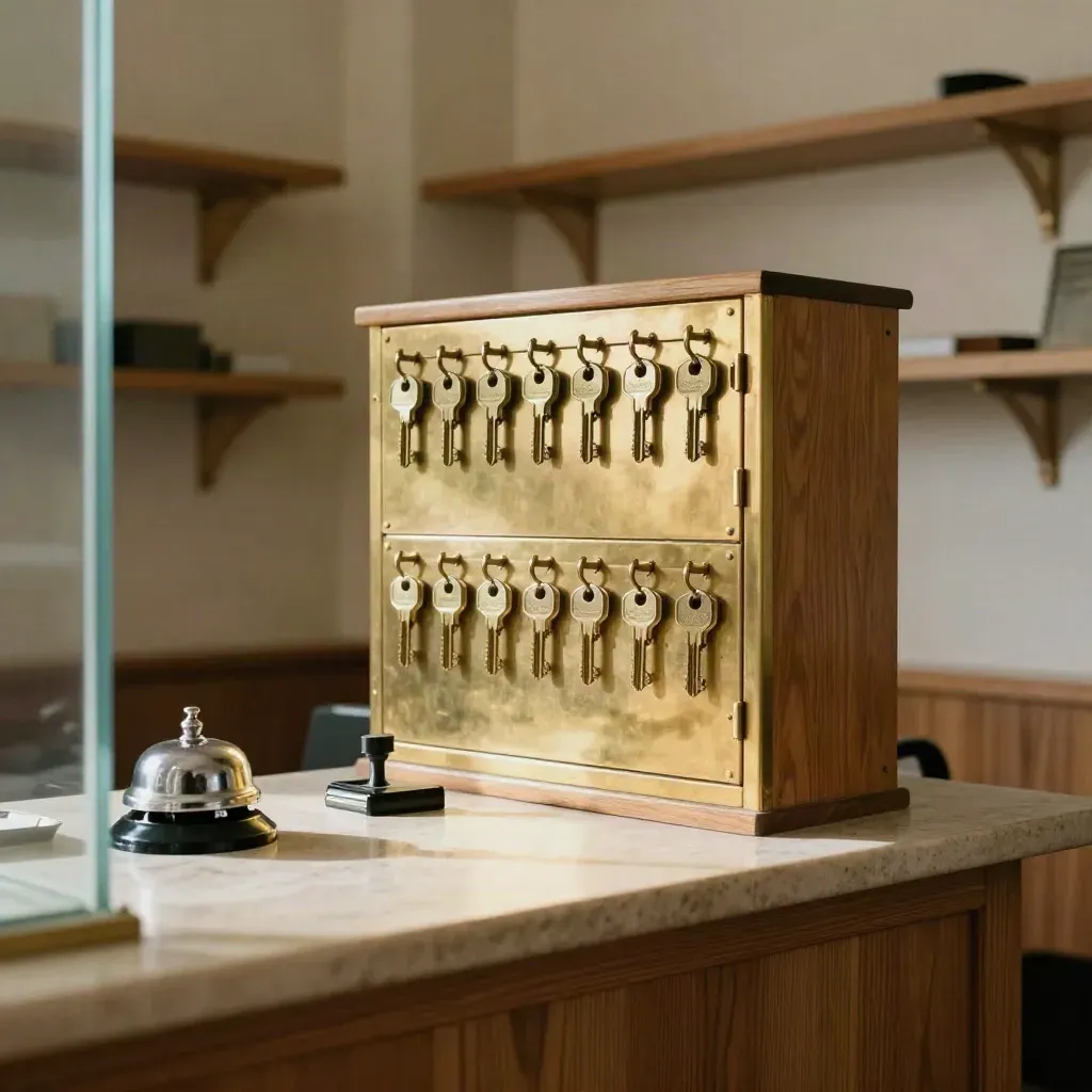 Brassnyckelskåp, serviceklocka och nycklar på ett receptionsbord bakom frostat glas.
