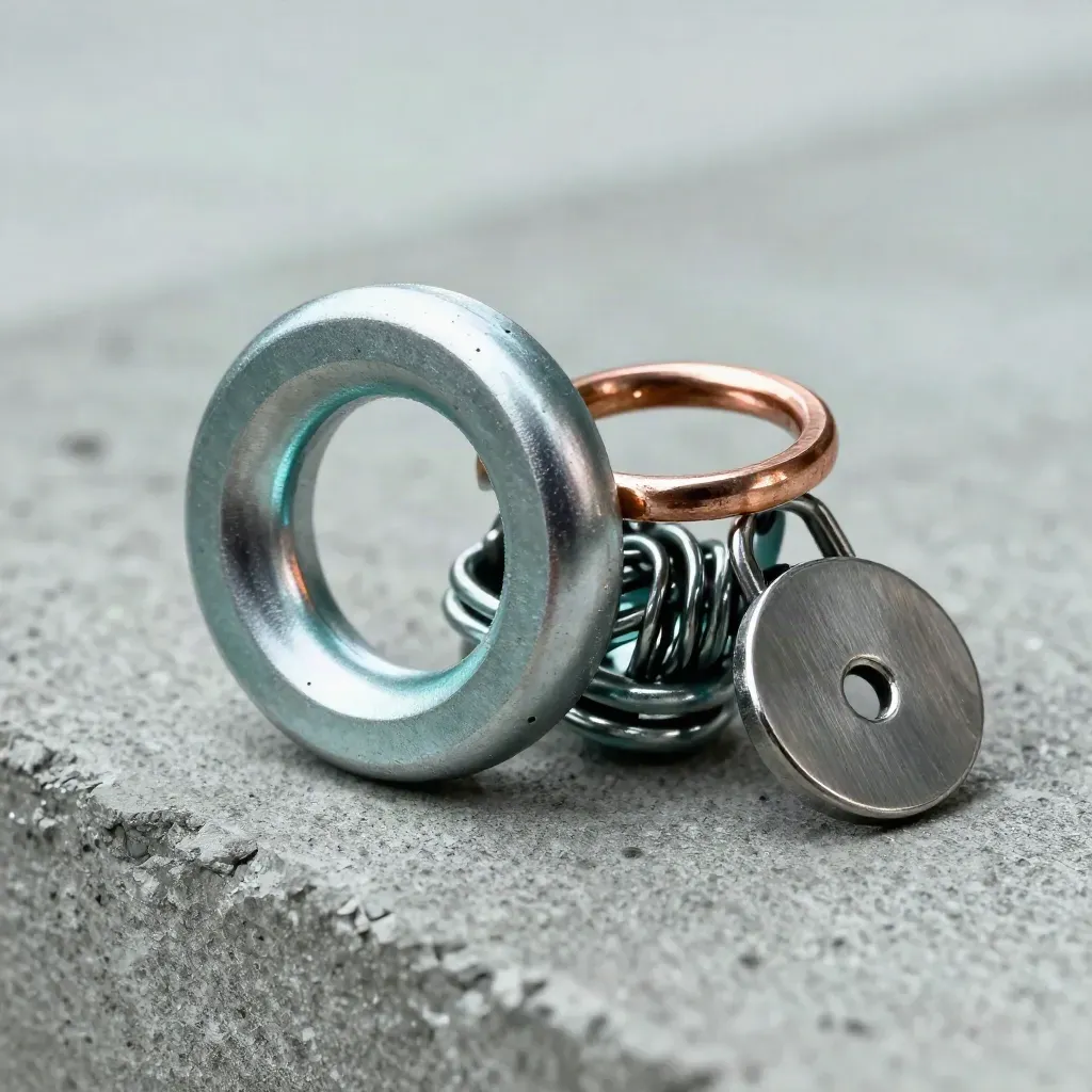 Metallringar och clips i en tät, elegant makrobild med blågrön reflex.